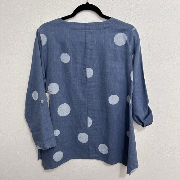 Ali Miles 100% Linen Blue Chambra Polka Dot Artsy Pointed Hem Tab Sleeve Top S - Picture 9 of 12